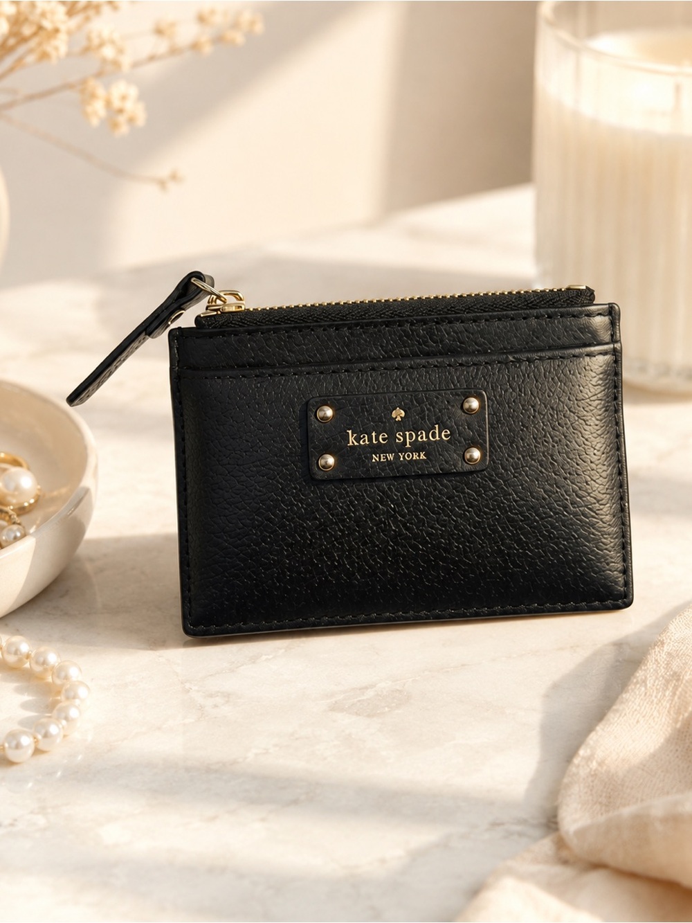 Kate Spade New York Black Leather Zip Card Holder Mini Wallet Old Money coquette